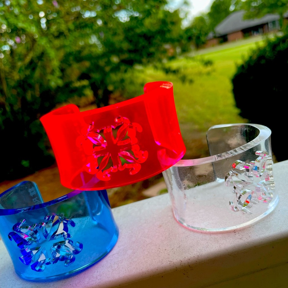 Rustic Cuff Art Deco acrylic cuff set, one blue, one clear, one pink
